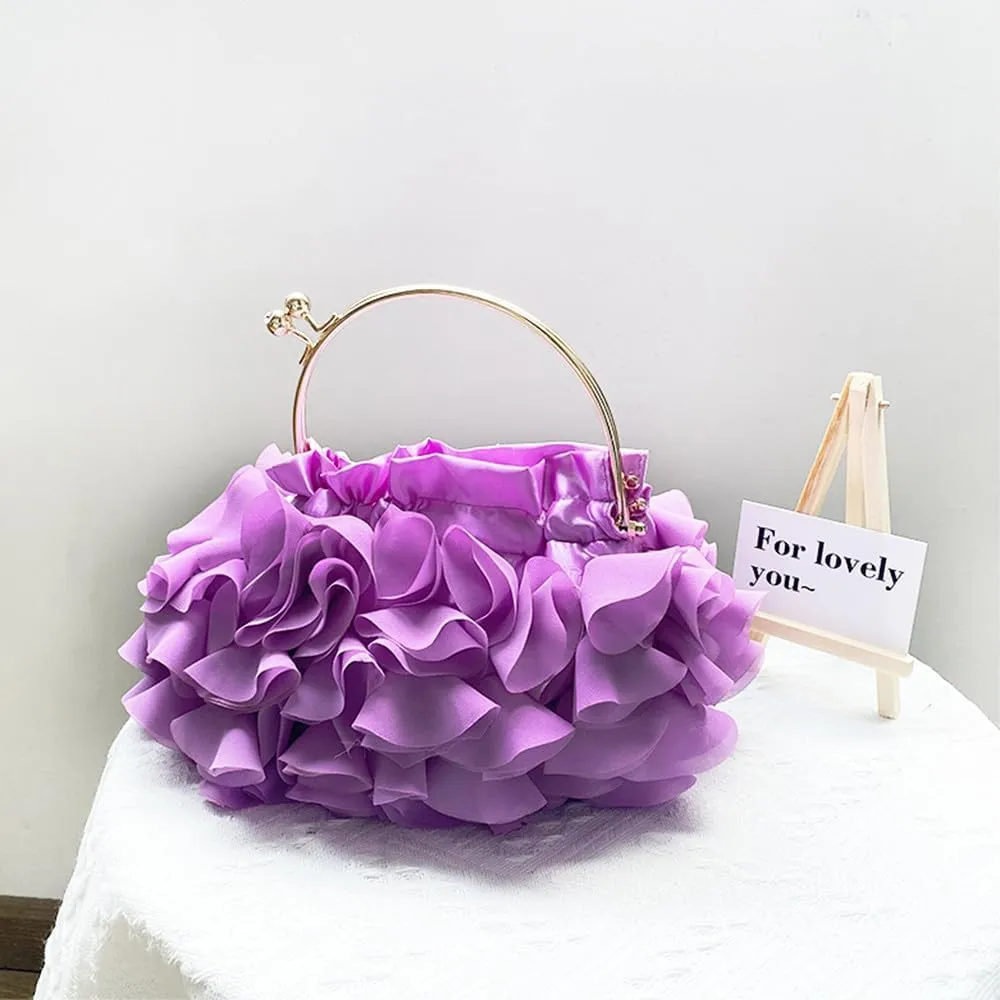 Women's Evening Bag Top-Handle Tote Handbags Satin Flower Dressy Cocktail Wedding Party Purse with Detachable Chain Black