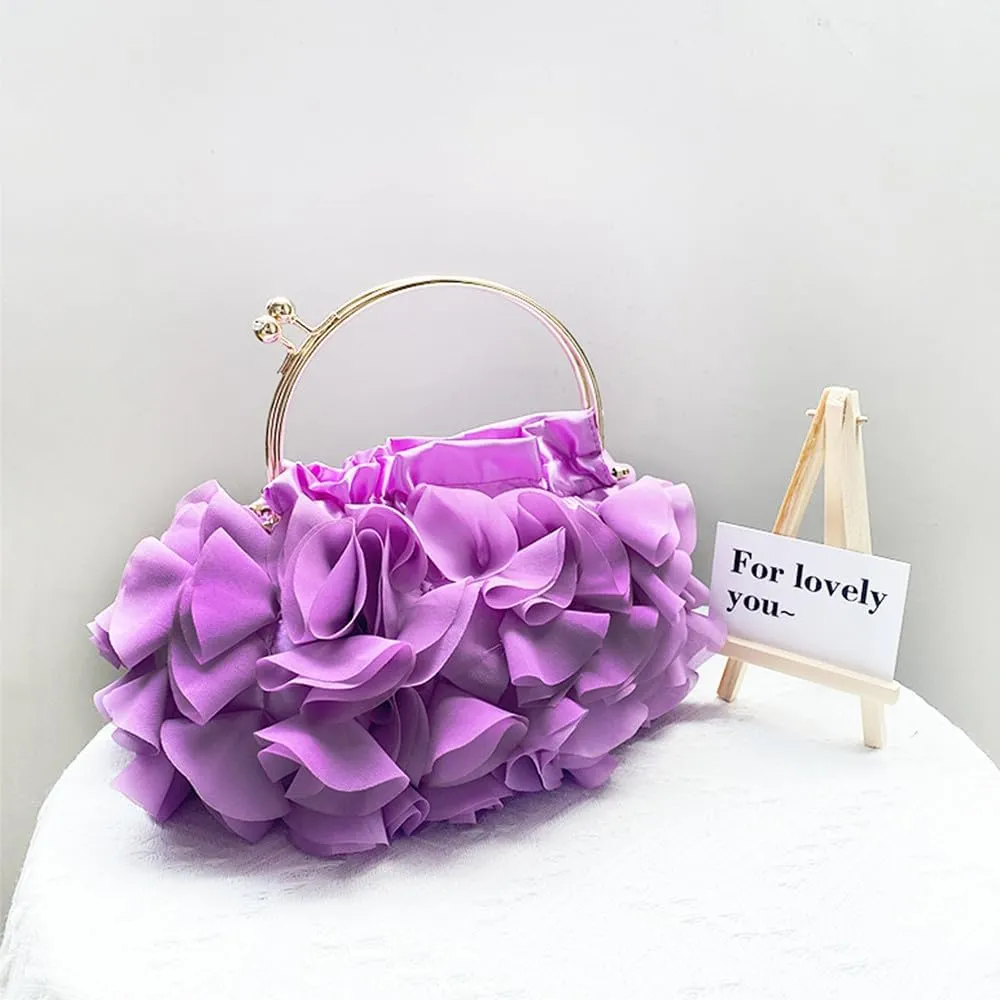 Women's Evening Bag Top-Handle Tote Handbags Satin Flower Dressy Cocktail Wedding Party Purse with Detachable Chain Black