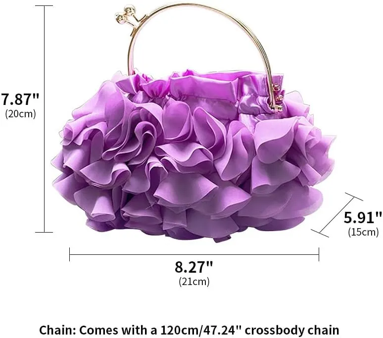 Women's Evening Bag Top-Handle Tote Handbags Satin Flower Dressy Cocktail Wedding Party Purse with Detachable Chain Black