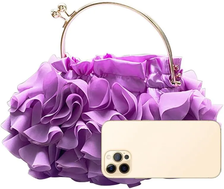 Women's Evening Bag Top-Handle Tote Handbags Satin Flower Dressy Cocktail Wedding Party Purse with Detachable Chain Black