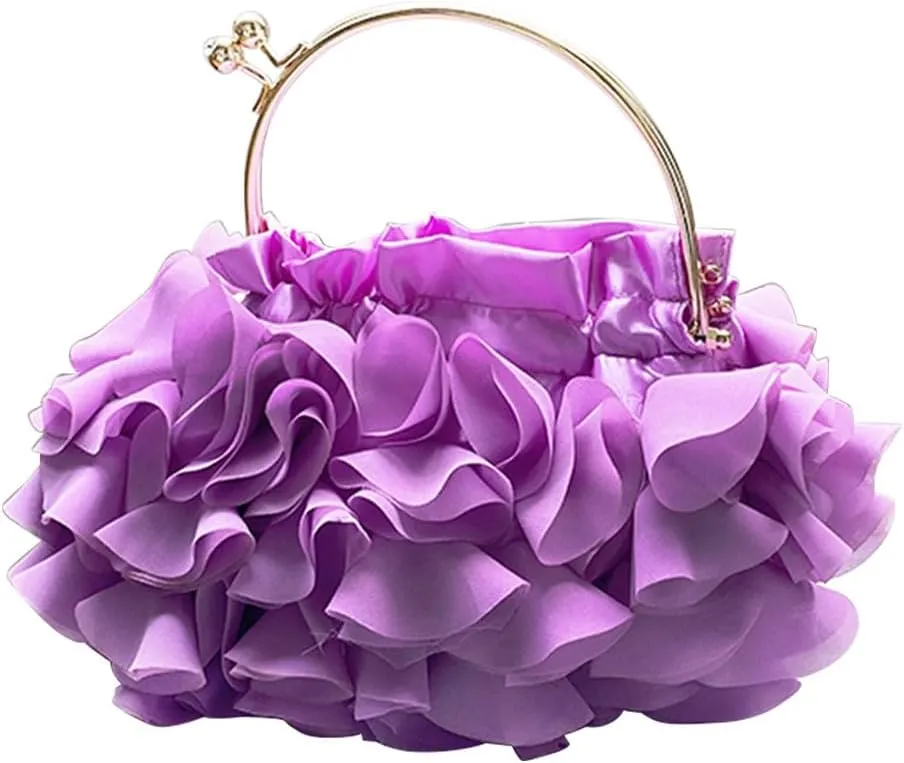 Women's Evening Bag Top-Handle Tote Handbags Satin Flower Dressy Cocktail Wedding Party Purse with Detachable Chain Black