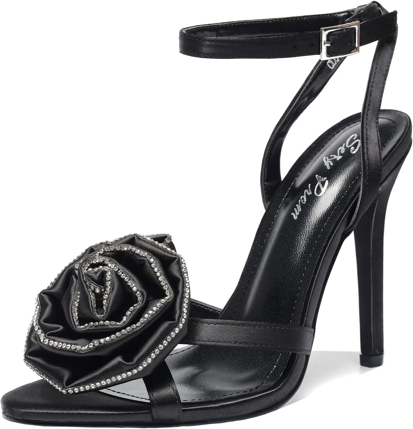 Women's Floral Rose & Rhinestone Ankle Strap 4.3IN Stiletto Heel Sandals Open Toe Wedding Party Nightclub Shoes