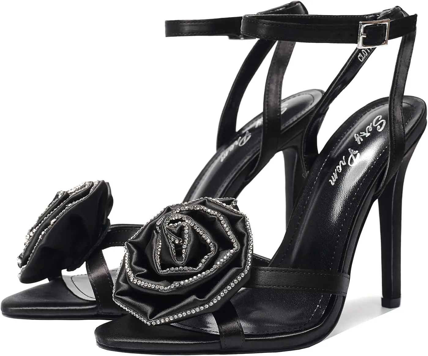 Women's Floral Rose & Rhinestone Ankle Strap 4.3IN Stiletto Heel Sandals Open Toe Wedding Party Nightclub Shoes