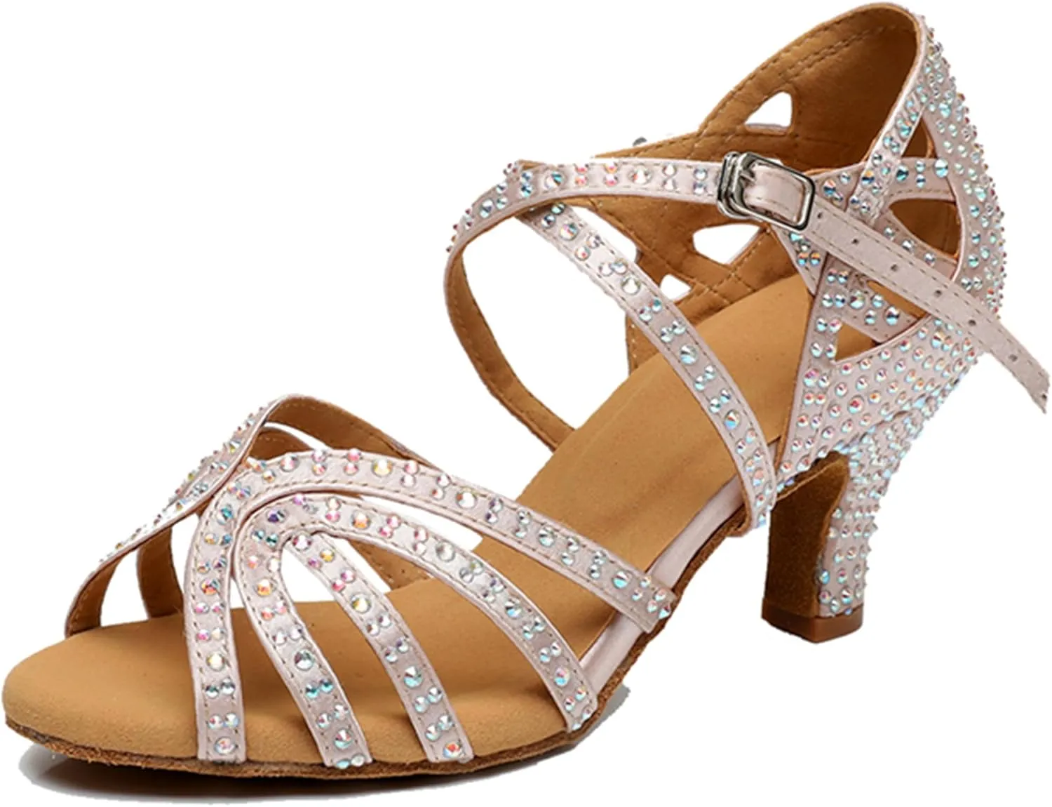 Womens Girls Heels for Salsa Dancing Rhinestones Beaded Ballroom Shoes Strappy Wedding Evening Sandals X2209