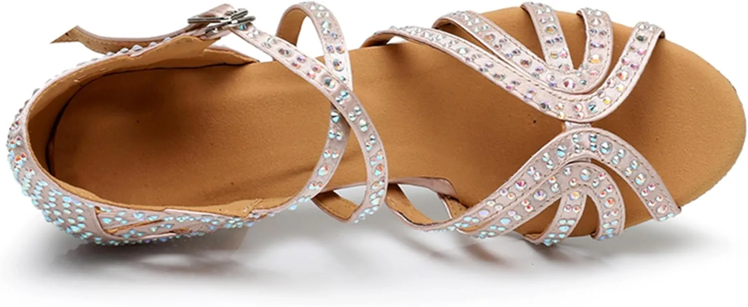 Womens Girls Heels for Salsa Dancing Rhinestones Beaded Ballroom Shoes Strappy Wedding Evening Sandals X2209