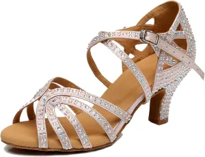 Womens Girls Heels for Salsa Dancing Rhinestones Beaded Ballroom Shoes Strappy Wedding Evening Sandals X2209