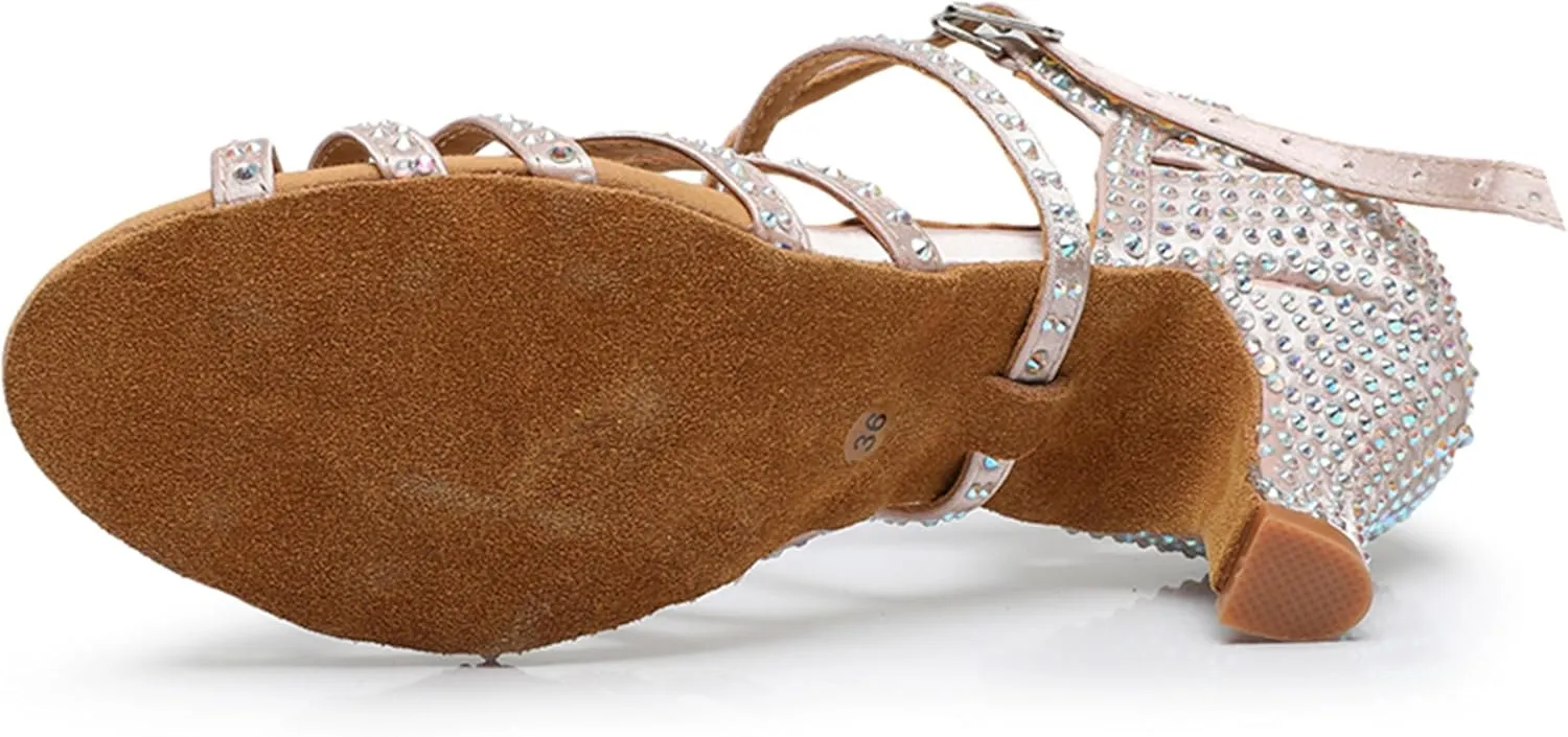 Womens Girls Heels for Salsa Dancing Rhinestones Beaded Ballroom Shoes Strappy Wedding Evening Sandals X2209