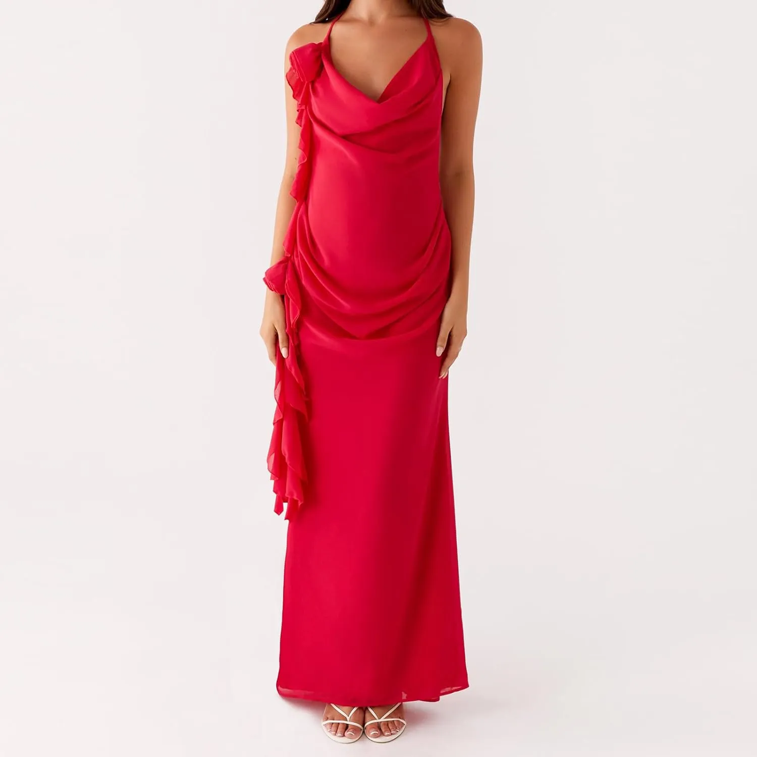 Women's Halter Bodycon Dress Cowl Neck Tie Backless Maxi Dresses Y2k Formal Cocktail Going Out Beachwear