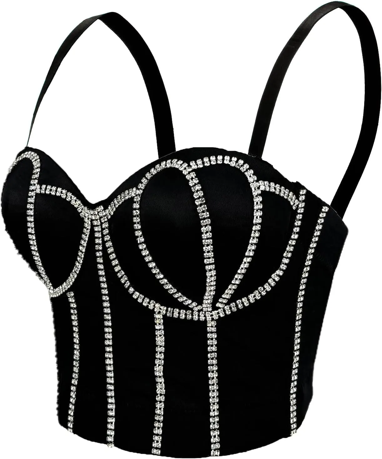 Women's Handmade Rhinestone Diamond Push up Bustier Crop Top Punk Corset Bra Vest With Detachable Strap