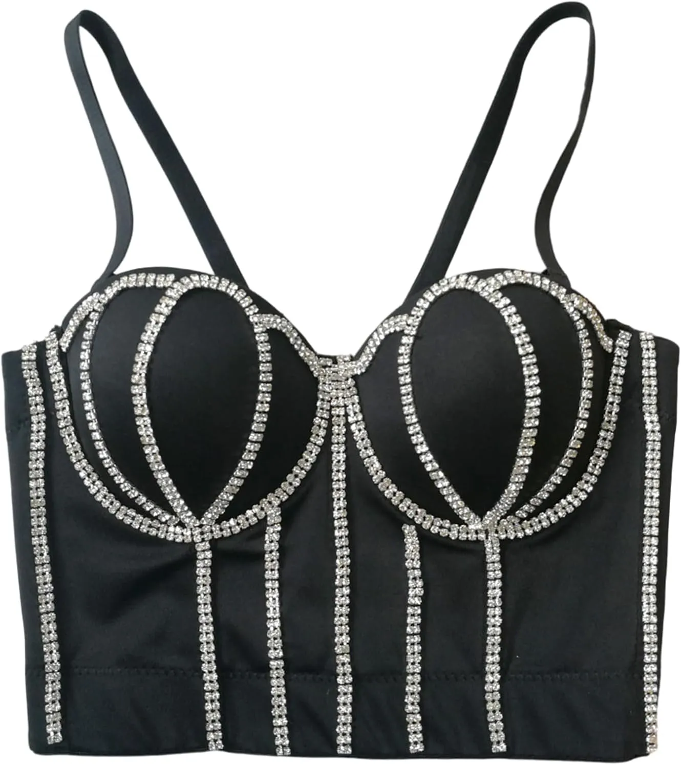Women's Handmade Rhinestone Diamond Push up Bustier Crop Top Punk Corset Bra Vest With Detachable Strap