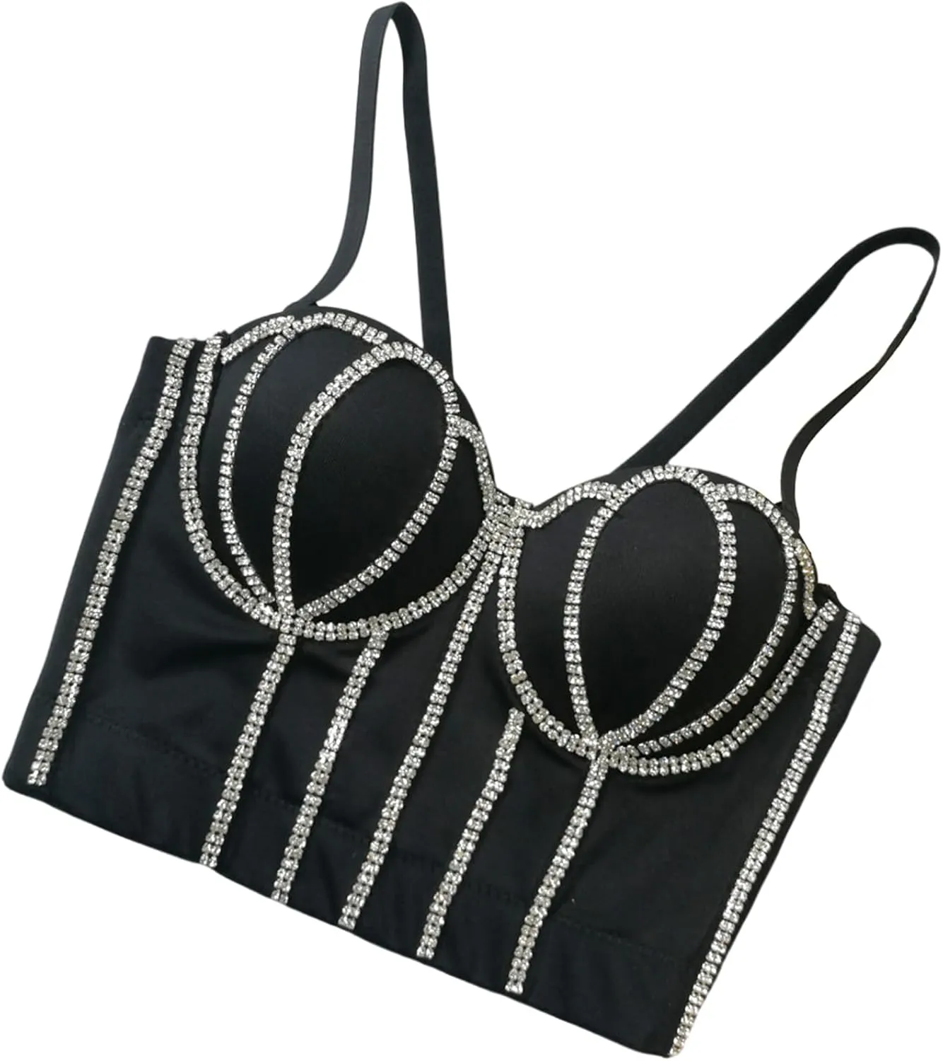 Women's Handmade Rhinestone Diamond Push up Bustier Crop Top Punk Corset Bra Vest With Detachable Strap