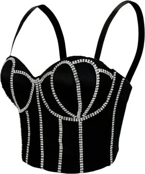 Women's Handmade Rhinestone Diamond Push up Bustier Crop Top Punk Corset Bra Vest With Detachable Strap