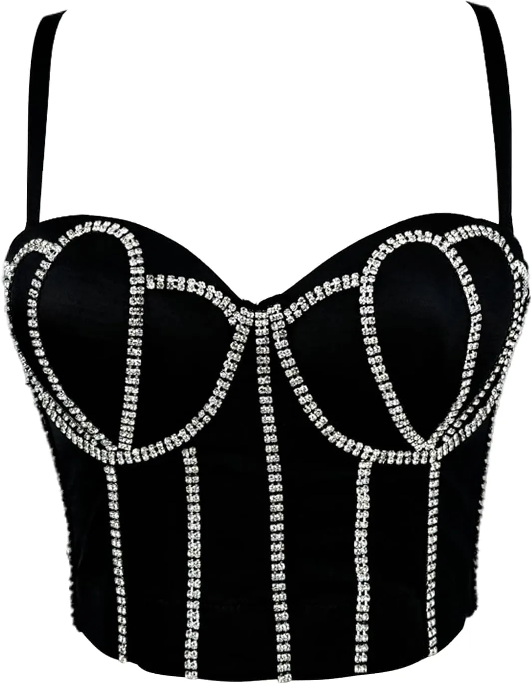 Women's Handmade Rhinestone Diamond Push up Bustier Crop Top Punk Corset Bra Vest With Detachable Strap