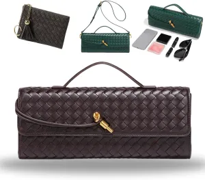 Women's Handmade Woven Evening Bag, PU Leather Handmade Clutch Purse, Fashion Crossbody Clutch Purse with Long Strap