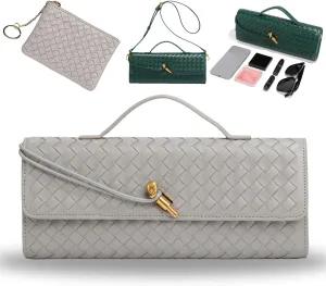 Women's Handmade Woven Evening Bag, PU Leather Handmade Clutch Purse, Fashion Crossbody Clutch Purse with Long Strap