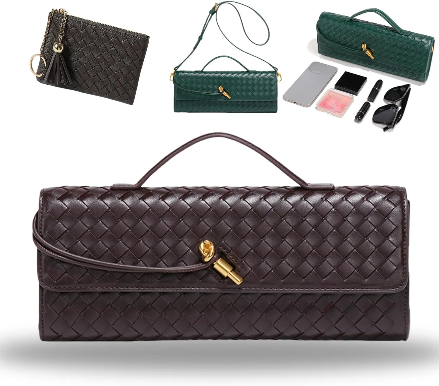 Women's Handmade Woven Evening Bag, PU Leather Handmade Clutch Purse, Fashion Crossbody Clutch Purse with Long Strap