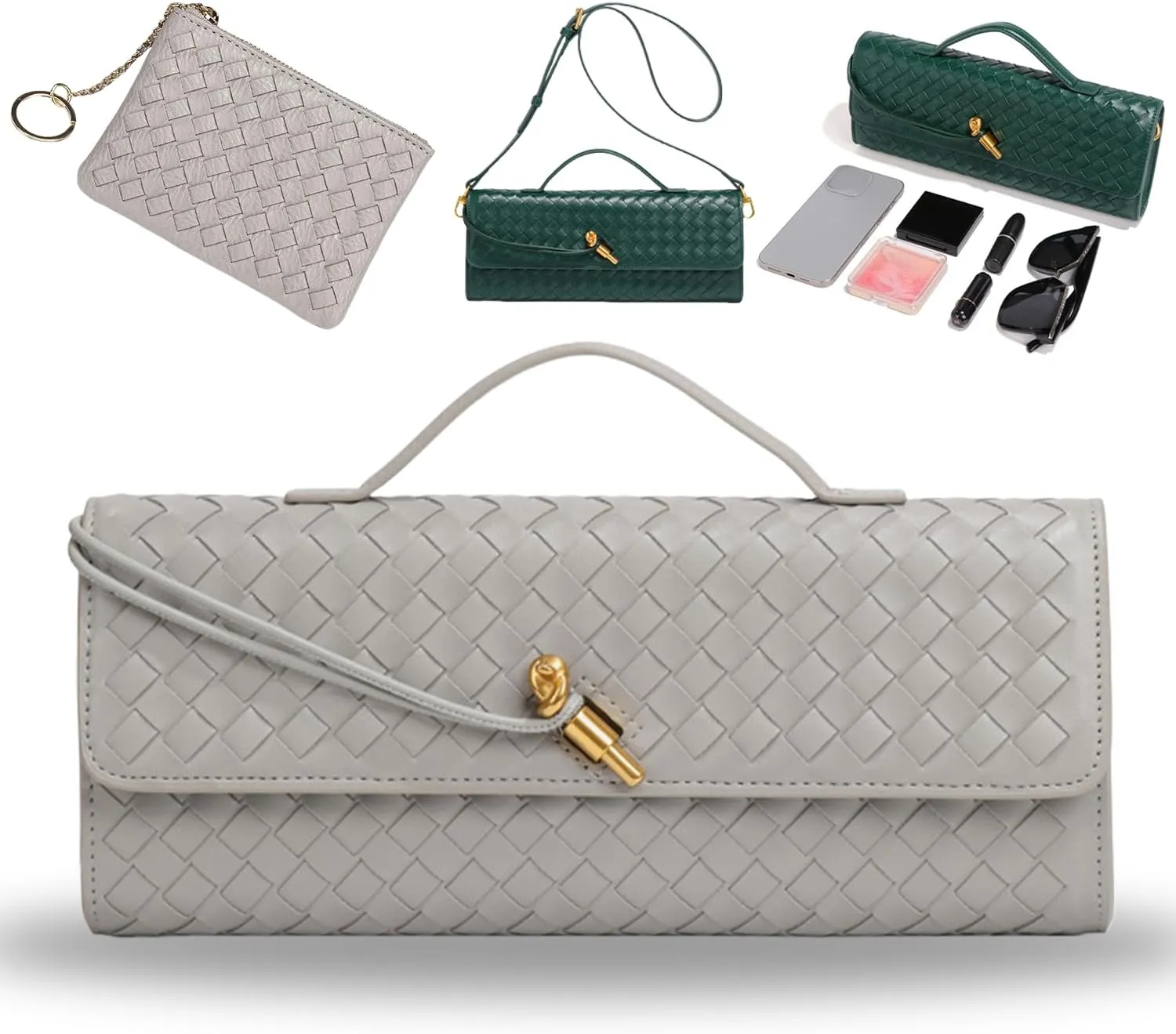 Women's Handmade Woven Evening Bag, PU Leather Handmade Clutch Purse, Fashion Crossbody Clutch Purse with Long Strap