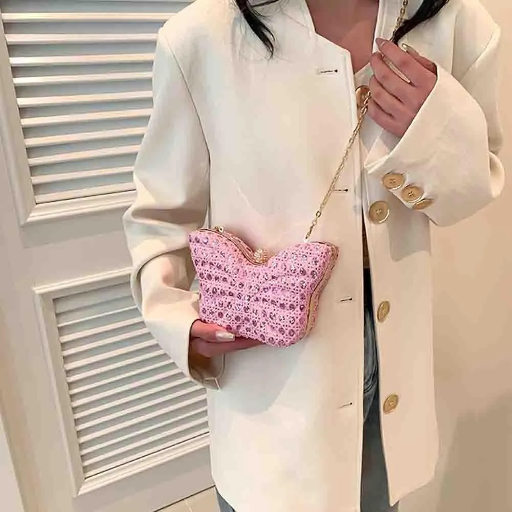 Women's Hollow Butterfly Shoulder Bag, Luxury Glitter Rhinestone Chain Evening Purse, Cute Wedding Party Bridal Prom Handbag
