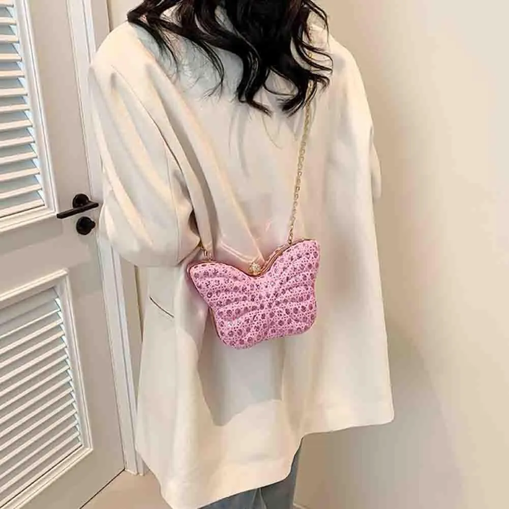 Women's Hollow Butterfly Shoulder Bag, Luxury Glitter Rhinestone Chain Evening Purse, Cute Wedding Party Bridal Prom Handbag