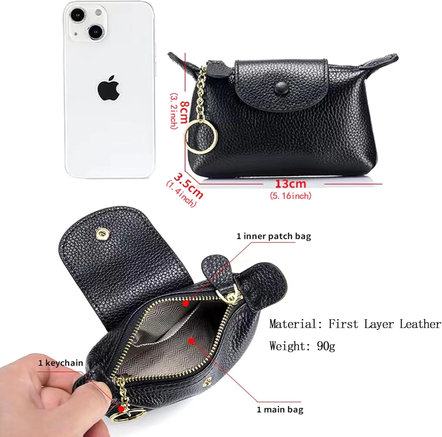 Women's Leather Coin Purse with KeyChain, Small Leather Pouch with Zipper for Women Fashionable Wallet Leather Classic Money Bag(Grey), US-Bag-02