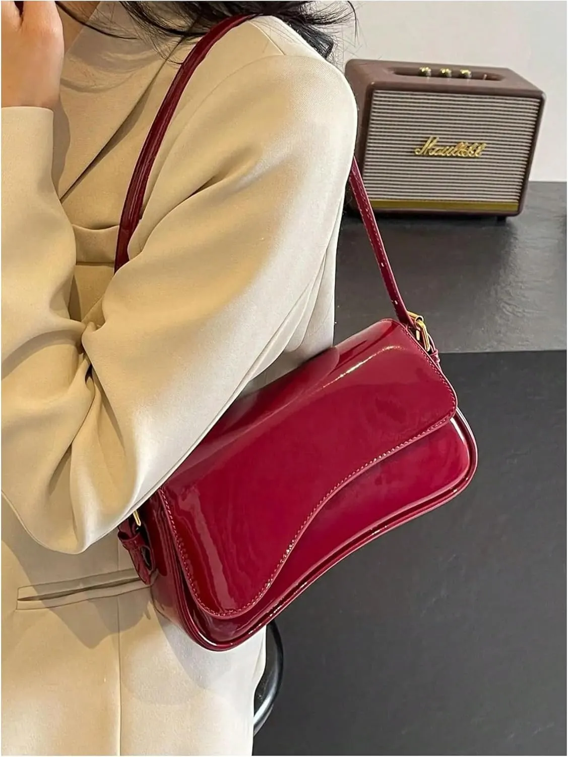 Women's Minimalist Patent Leather Shoulder Bag Trendy Handbag Elegant Purses