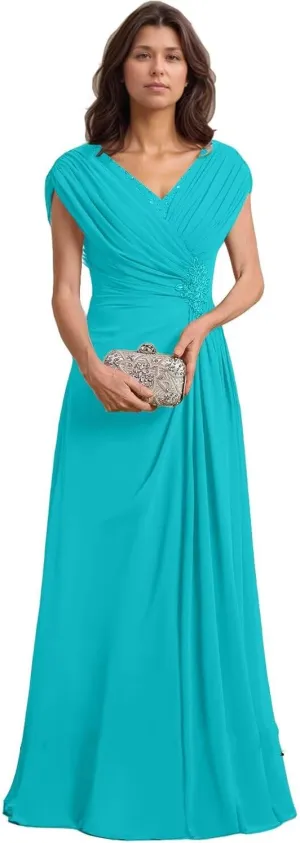Women’s Mother of The Bride Dresses for Wedding Chiffon A-Line Beaded Pleats Elegant Formal Evening Gowns