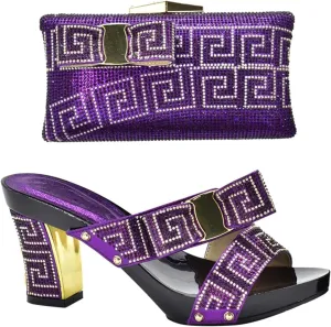 Womens Nigerian Party Matching Shoes And Bag Sets Round Toe Wedge Heels Sandals Rhinestone Crystal Clutch