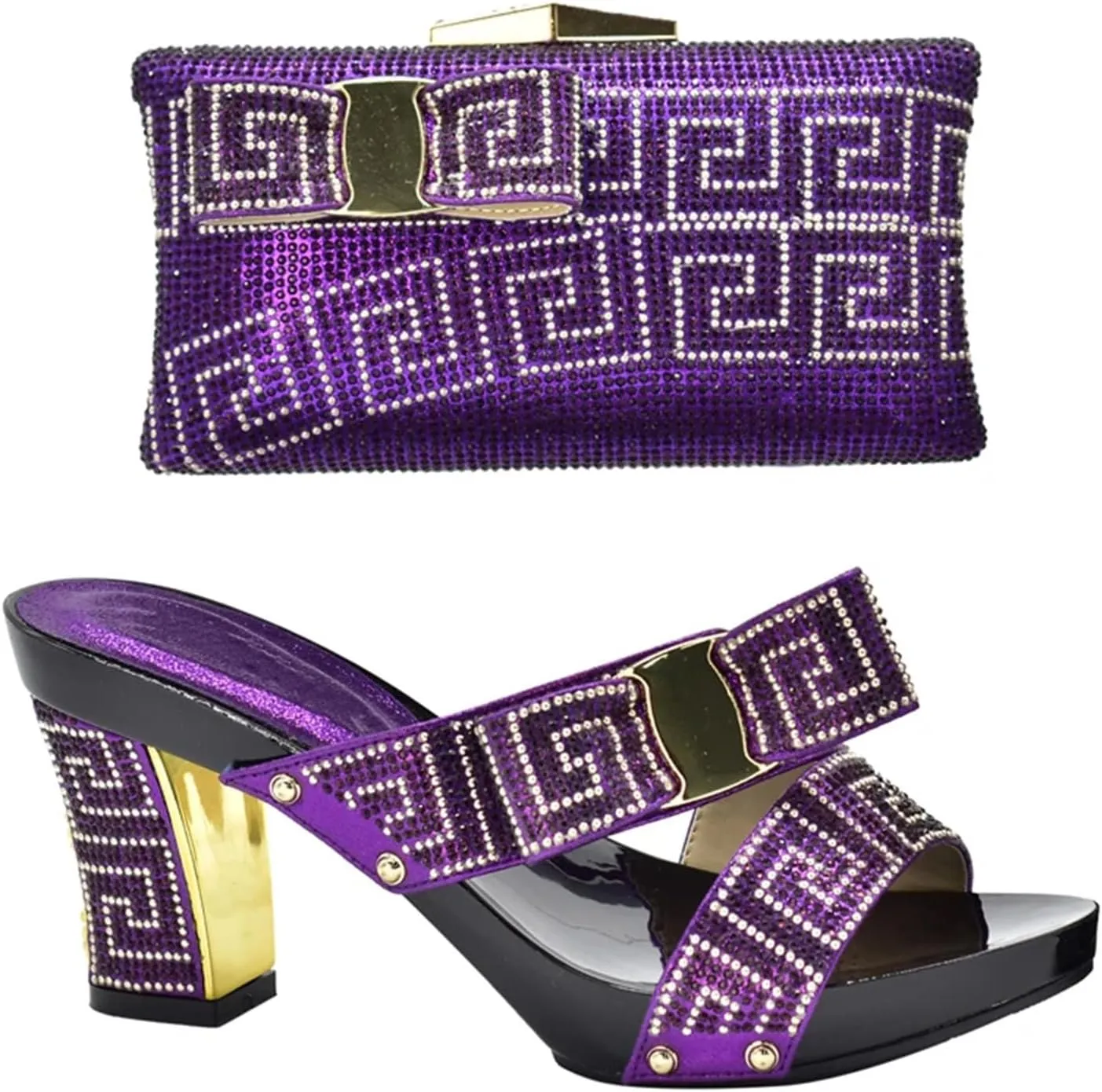 Womens Nigerian Party Matching Shoes And Bag Sets Round Toe Wedge Heels Sandals Rhinestone Crystal Clutch