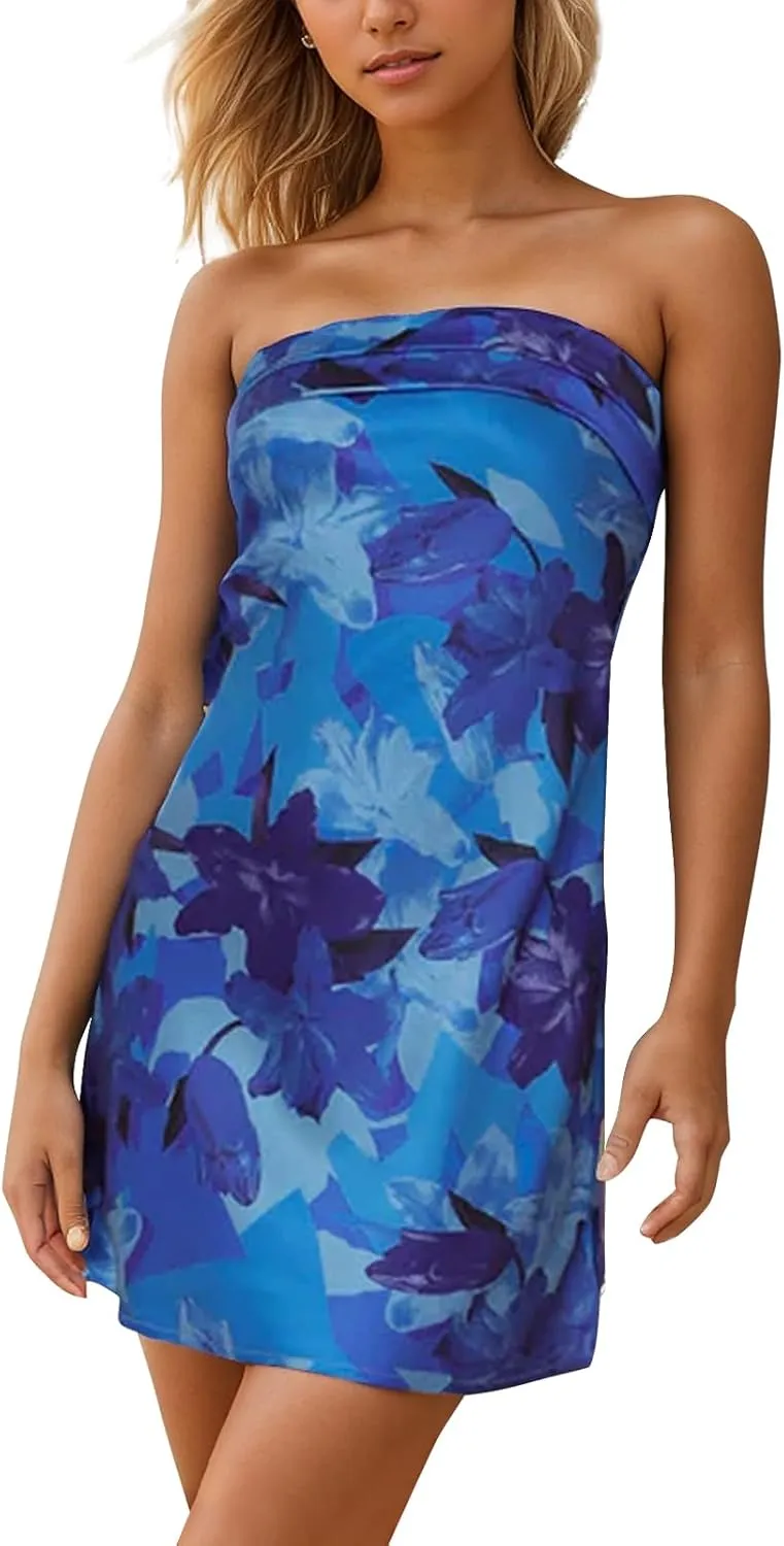 Womens Open Back Mini Dress Sexy Satin Floral Elegant Strapless Cocktail Dresses Date Night Party Club Bandeau Tube Dress