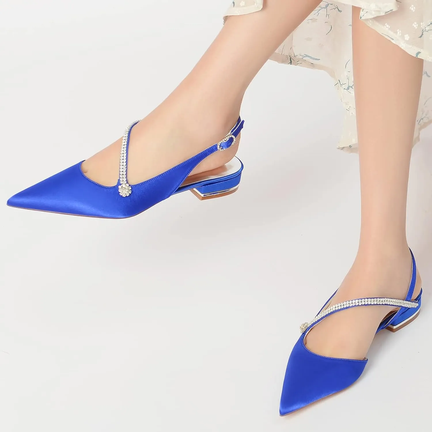 Women's Pointed Toe Beaded Satin Wedding Flats for Bride Comfortable White Bridal Shoes with Ankle Strap Prom Party Shoes Pumps