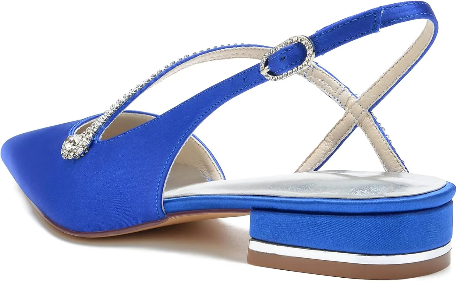 Women's Pointed Toe Beaded Satin Wedding Flats for Bride Comfortable White Bridal Shoes with Ankle Strap Prom Party Shoes Pumps