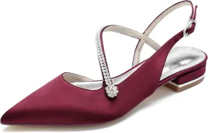 Women's Pointed Toe Beaded Satin Wedding Flats for Bride Comfortable White Bridal Shoes with Ankle Strap Prom Party Shoes Pumps