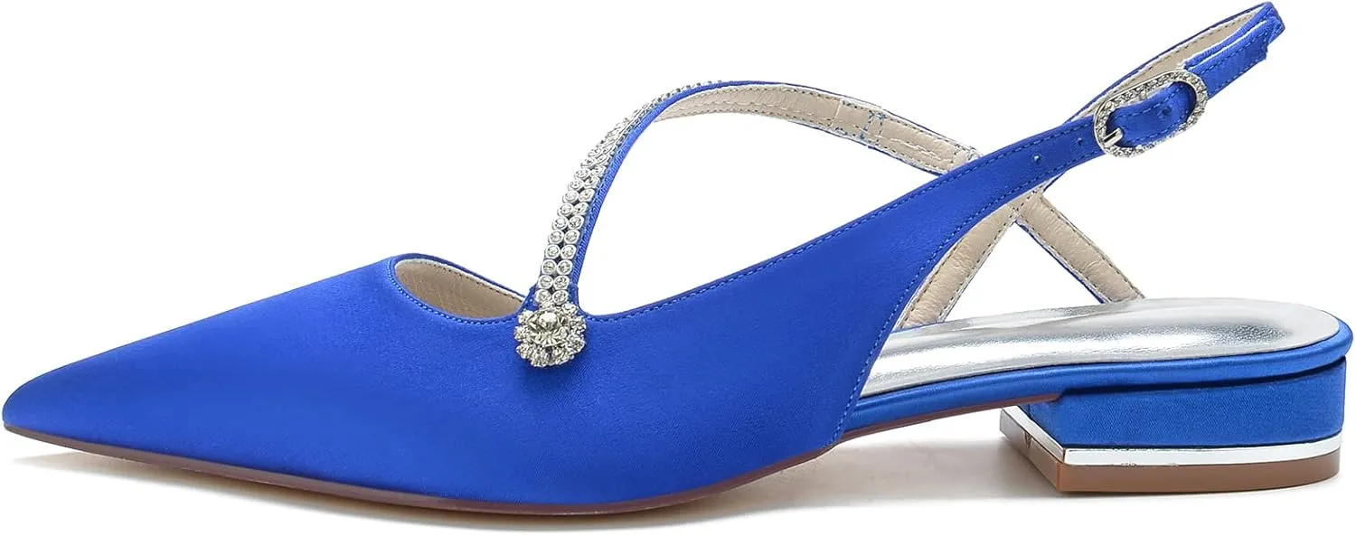Women's Pointed Toe Beaded Satin Wedding Flats for Bride Comfortable White Bridal Shoes with Ankle Strap Prom Party Shoes Pumps
