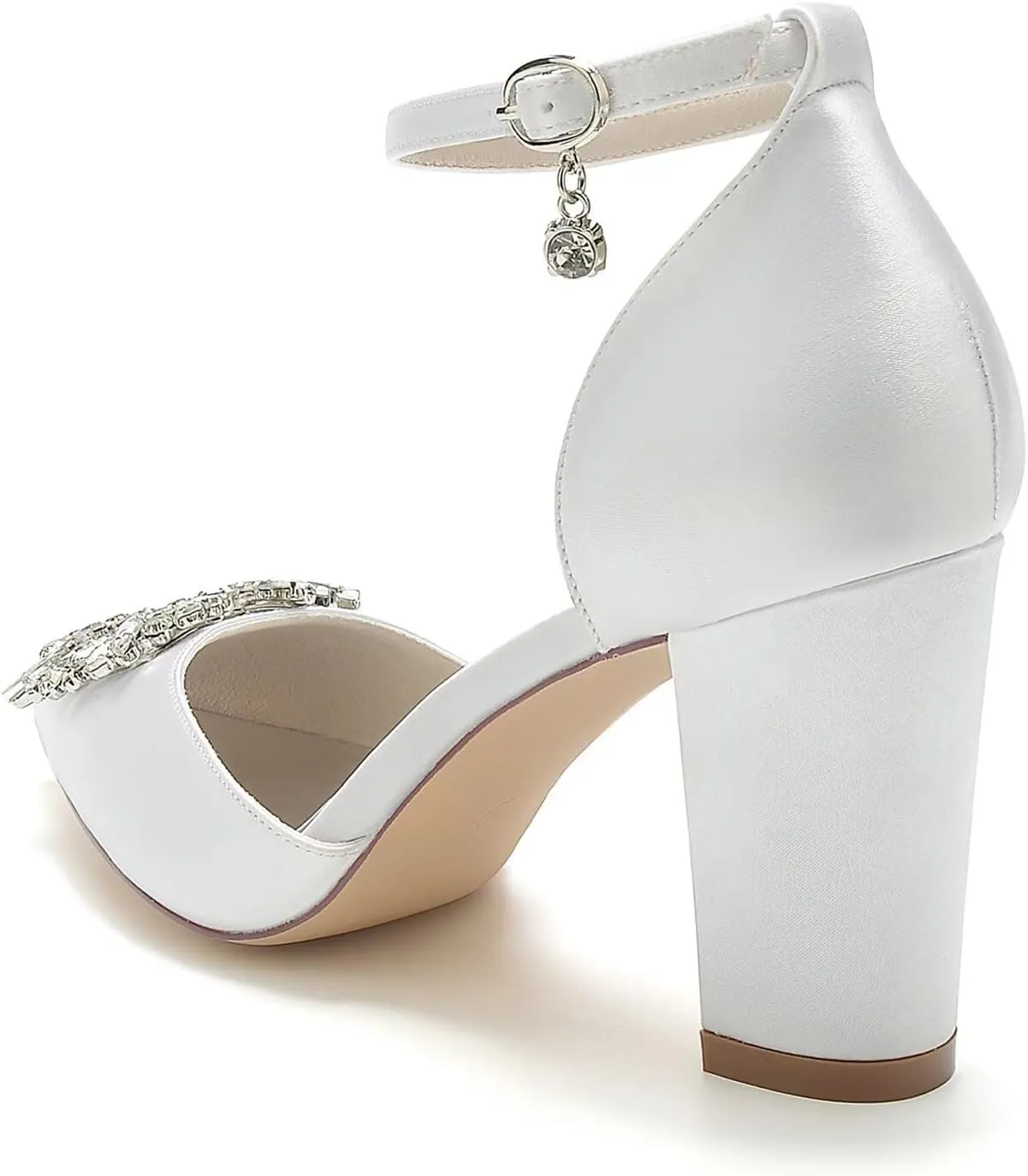 Women's Pointed Toe Bridal Pumps Chunky Block High Heels Rhinestone Dress Party Wedding Shoes Ankle Strap Court Shoes for Prom Evening Party Bride Bridesmaid