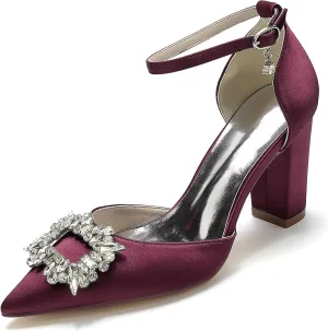 Women's Pointed Toe Bridal Pumps Chunky Block High Heels Rhinestone Dress Party Wedding Shoes Ankle Strap Court Shoes for Prom Evening Party Bride Bridesmaid
