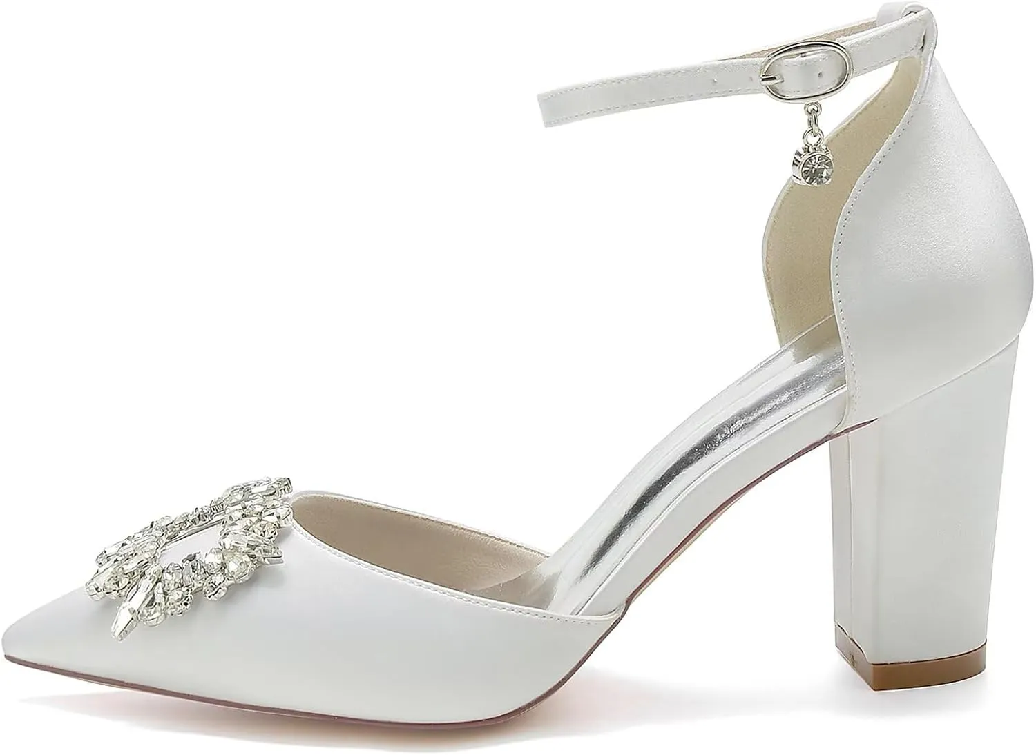 Women's Pointed Toe Bridal Pumps Chunky Block High Heels Rhinestone Dress Party Wedding Shoes Ankle Strap Court Shoes for Prom Evening Party Bride Bridesmaid