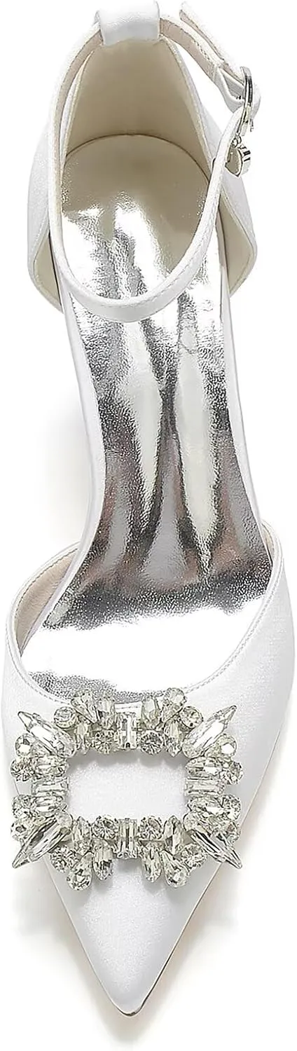 Women's Pointed Toe Bridal Pumps Chunky Block High Heels Rhinestone Dress Party Wedding Shoes Ankle Strap Court Shoes for Prom Evening Party Bride Bridesmaid