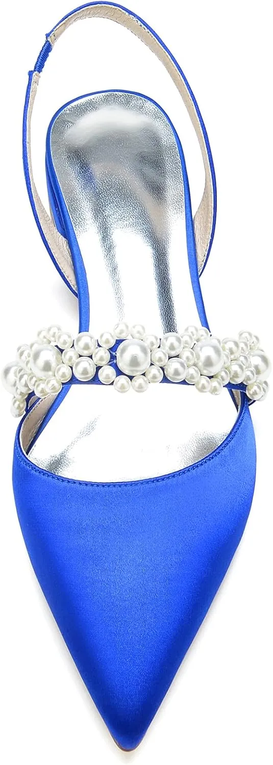 Women's Pointed Toe Satin Pearl Wedding Flats for Bride Comfortable White Bridal Shoes with Ankle Strap Prom Party Shoes Pumps