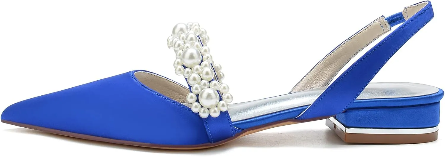 Women's Pointed Toe Satin Pearl Wedding Flats for Bride Comfortable White Bridal Shoes with Ankle Strap Prom Party Shoes Pumps