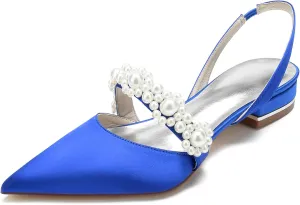 Women's Pointed Toe Satin Pearl Wedding Flats for Bride Comfortable White Bridal Shoes with Ankle Strap Prom Party Shoes Pumps