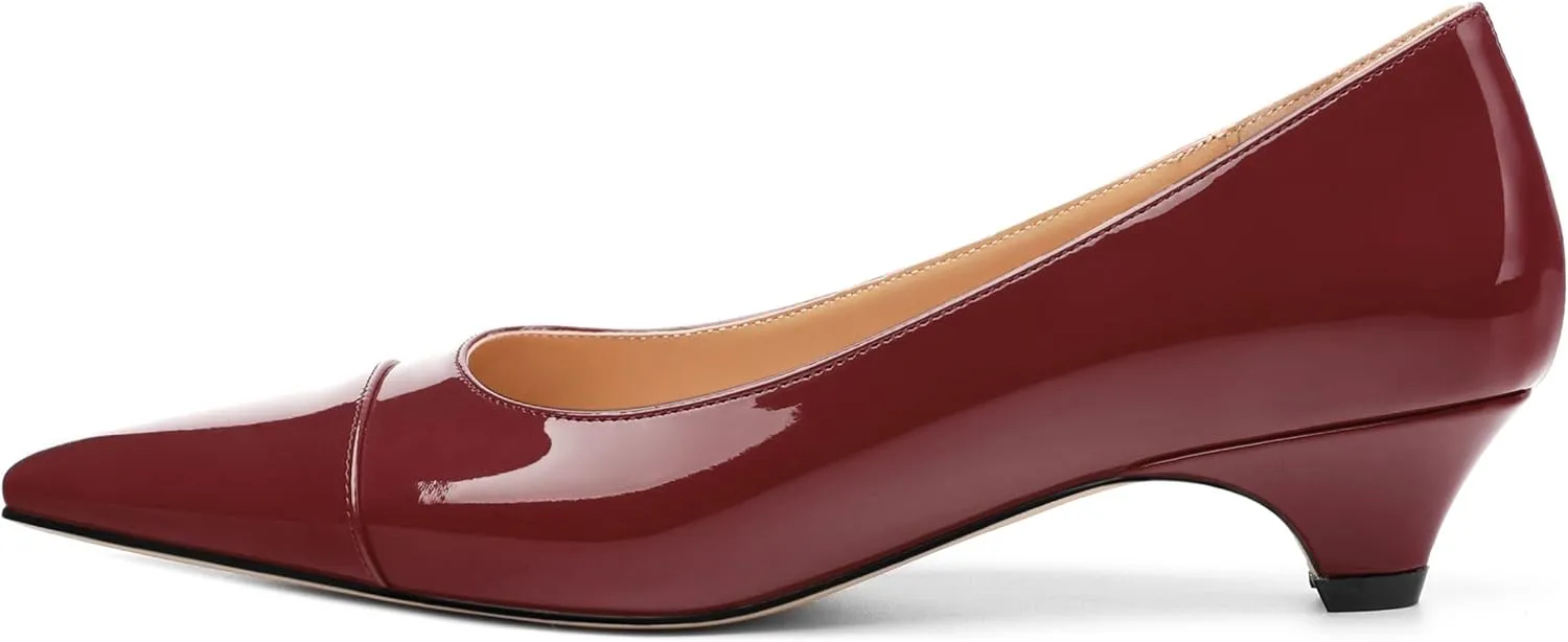 Womens Pumps, Low Kitten Heel Pumps Slip-on Pointed Toe Dress Shoes Office Party Wedding Patent 1.4 Inch