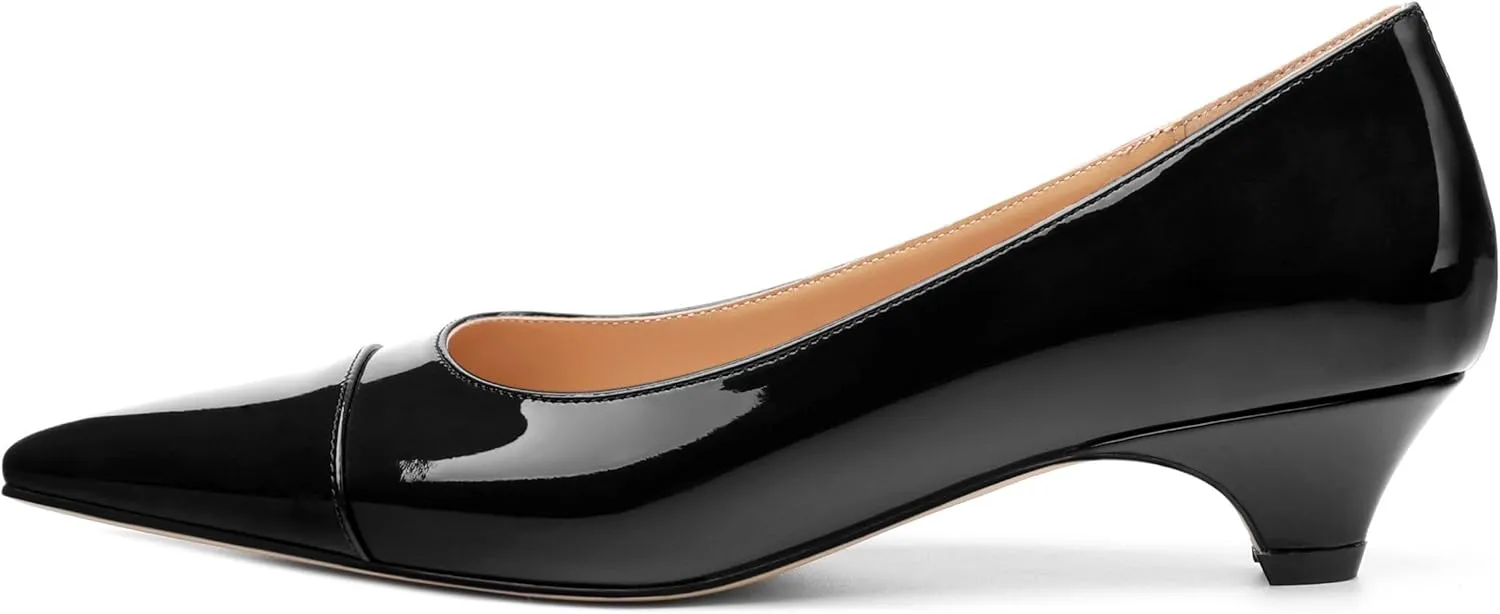 Womens Pumps, Low Kitten Heel Pumps Slip-on Pointed Toe Dress Shoes Office Party Wedding Patent 1.4 Inch