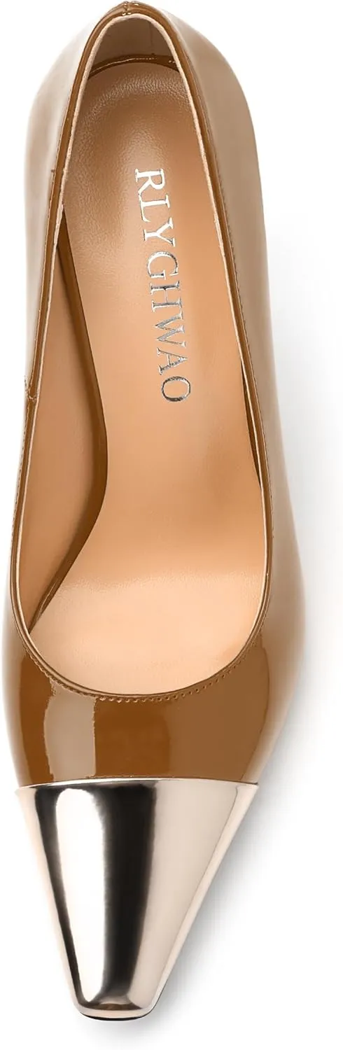 Women's Pumps, Two Toned Patchwork Square Closed Toe High Heels, Fashion Slip On Daily Dressy Shoes for Women