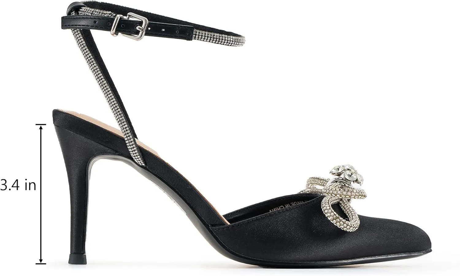 Women's Rhinestone Bow Heels Closed Toe Sparkly Pointed Toe Black Stiletto High Heels Ankle Strap Wedding Party Evening Dress Pumps Shoes