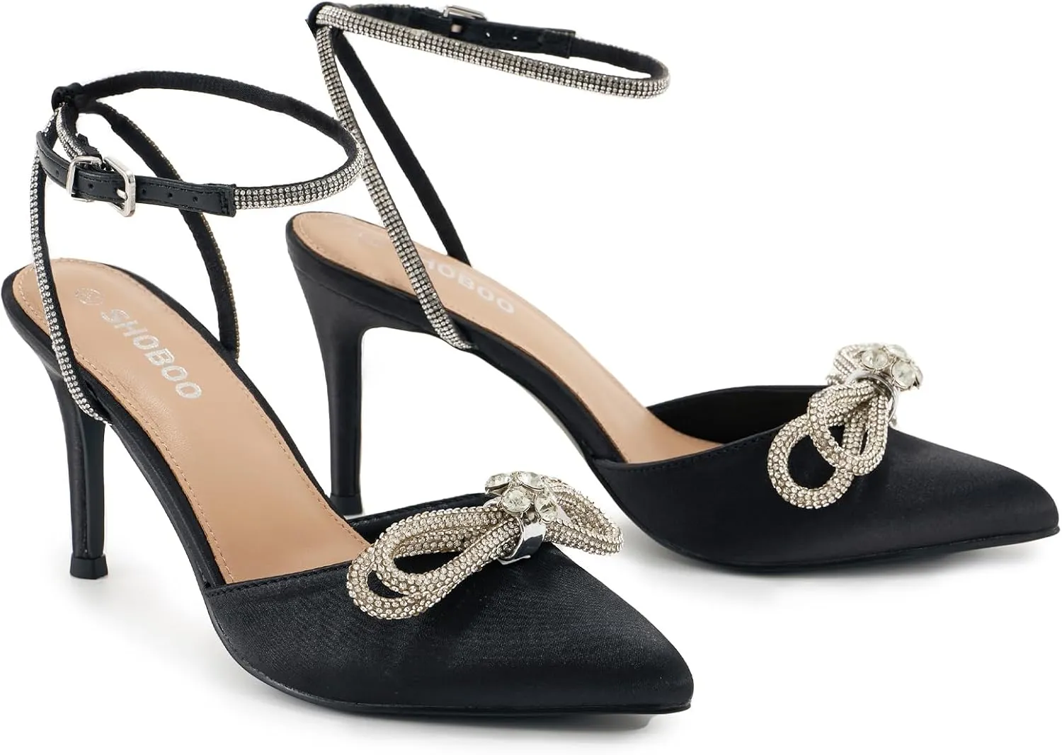 Women's Rhinestone Bow Heels Closed Toe Sparkly Pointed Toe Black Stiletto High Heels Ankle Strap Wedding Party Evening Dress Pumps Shoes