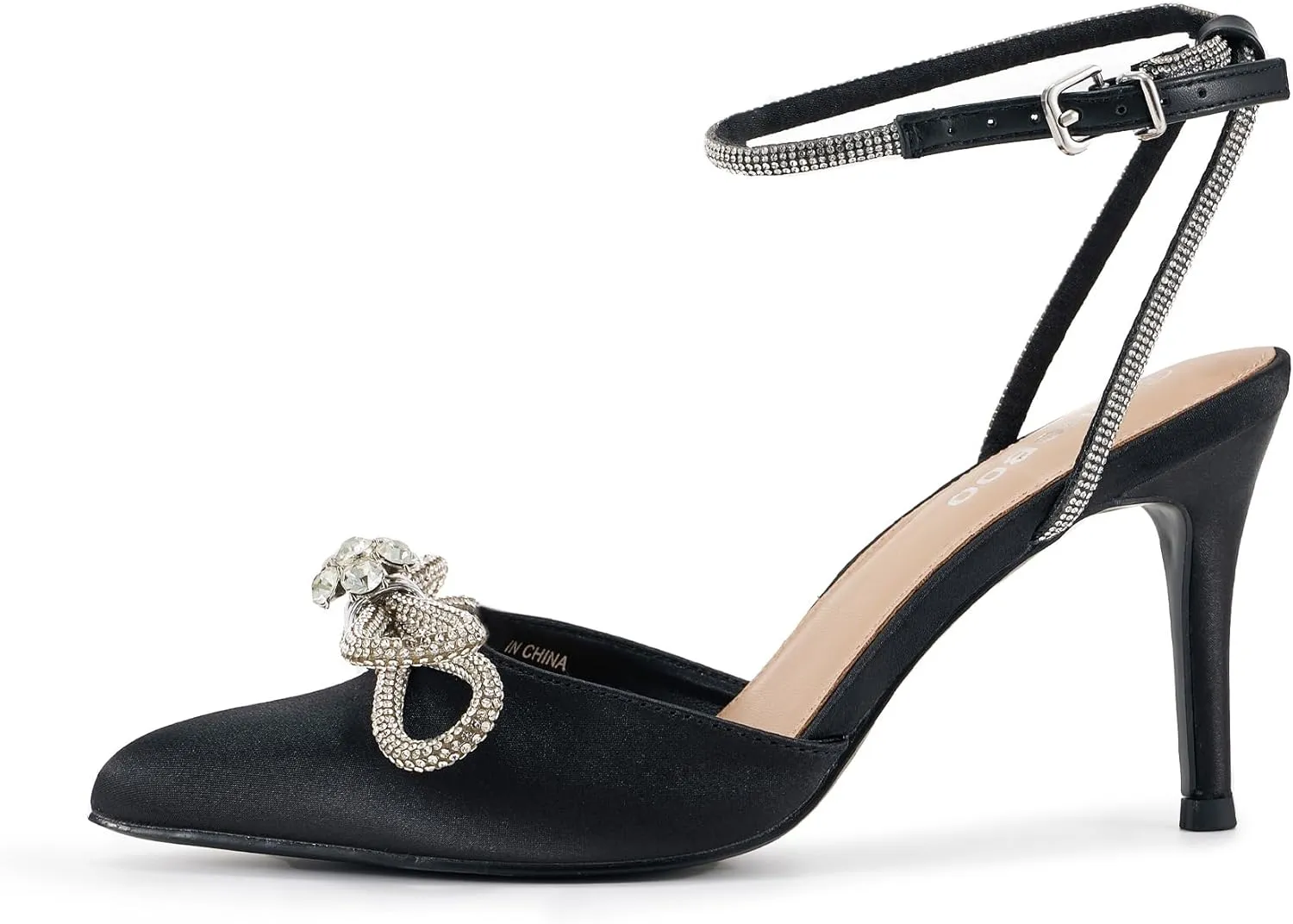 Women's Rhinestone Bow Heels Closed Toe Sparkly Pointed Toe Black Stiletto High Heels Ankle Strap Wedding Party Evening Dress Pumps Shoes