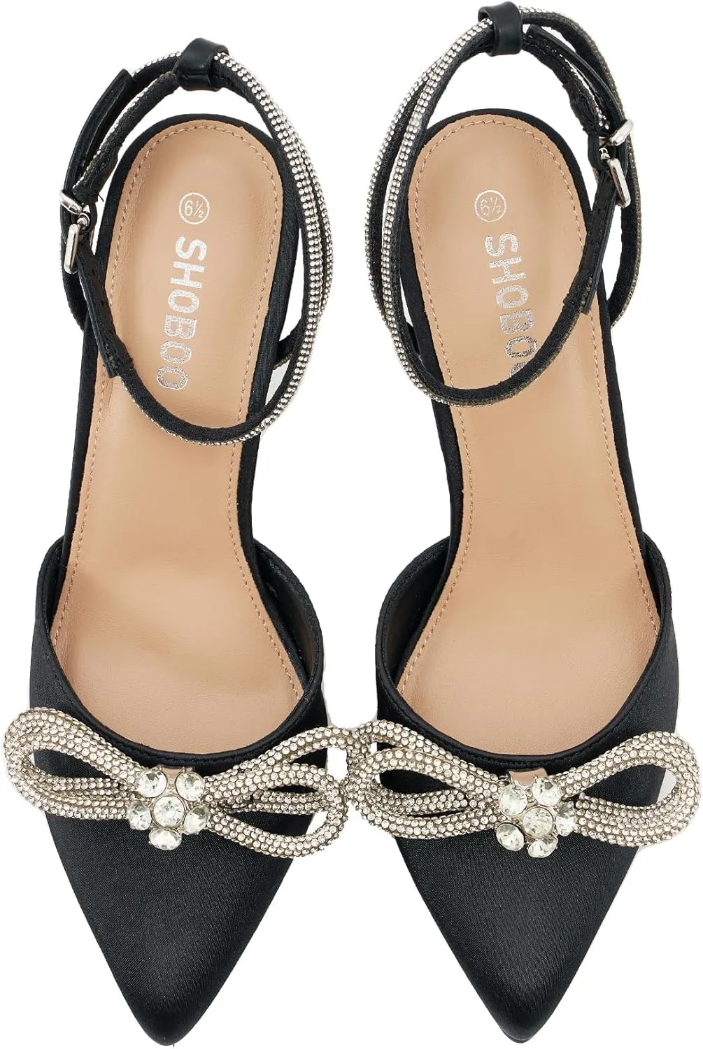 Women's Rhinestone Bow Heels Closed Toe Sparkly Pointed Toe Black Stiletto High Heels Ankle Strap Wedding Party Evening Dress Pumps Shoes