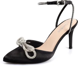 Women's Rhinestone Bow Heels Closed Toe Sparkly Pointed Toe Black Stiletto High Heels Ankle Strap Wedding Party Evening Dress Pumps Shoes
