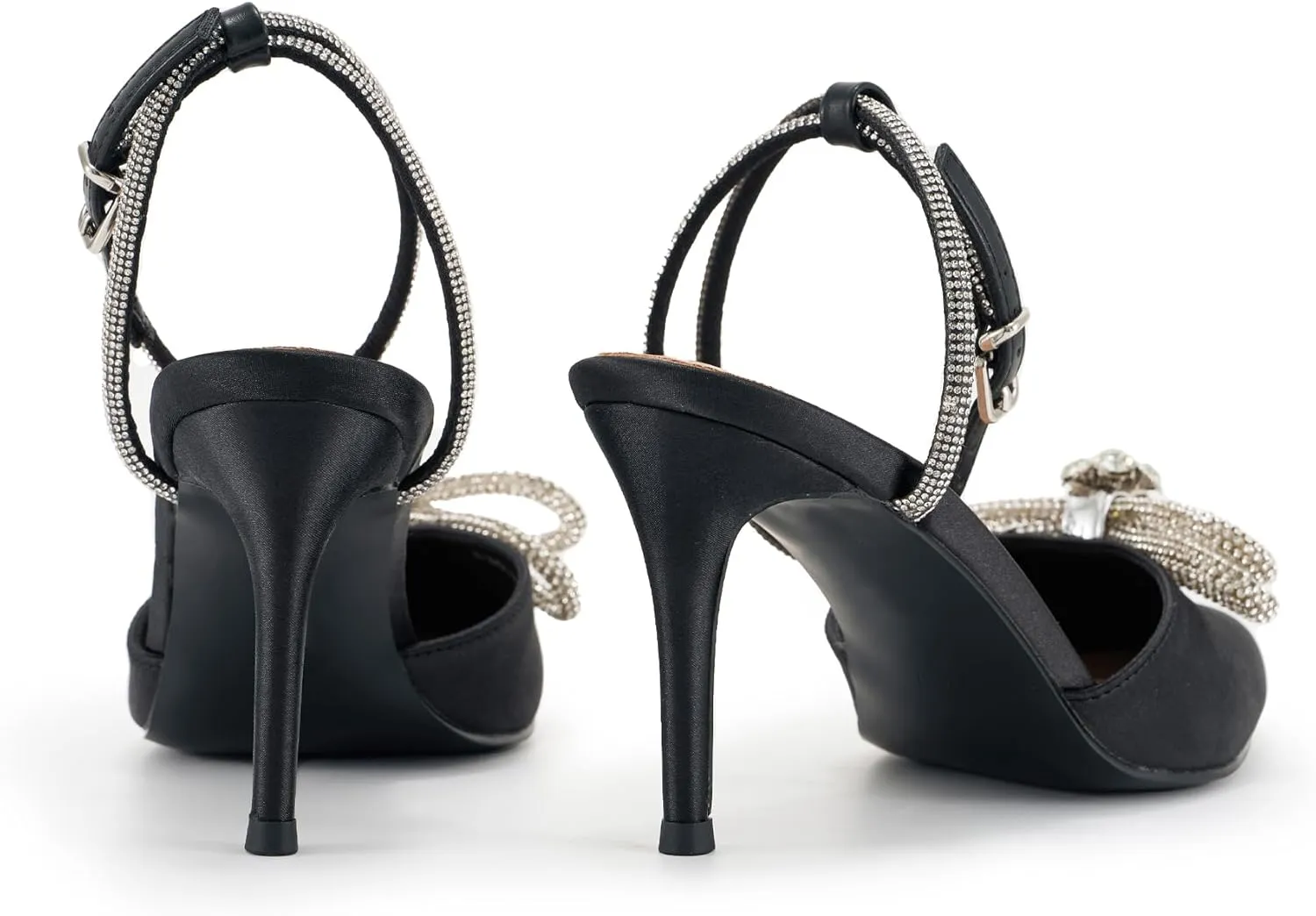 Women's Rhinestone Bow Heels Closed Toe Sparkly Pointed Toe Black Stiletto High Heels Ankle Strap Wedding Party Evening Dress Pumps Shoes