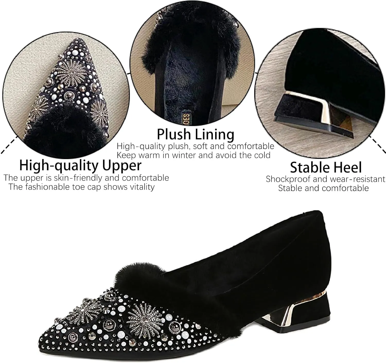Women's Rhinestone Suede Chunky Heel Pumps Warm Fur Lined Fashion Pointed Toe Comfort Slip On Low Heels Dress Shoes for Wedding Party Evening Prom